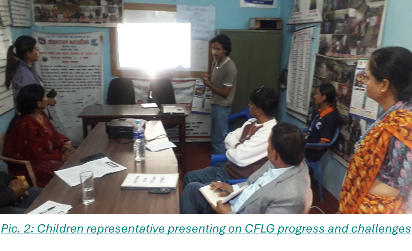 Pic. 2: Children representative presenting on CFLG progress and challenges
