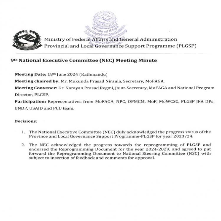 Cover page of 9th National Executive Committee (NEC) Meeting- Minutes